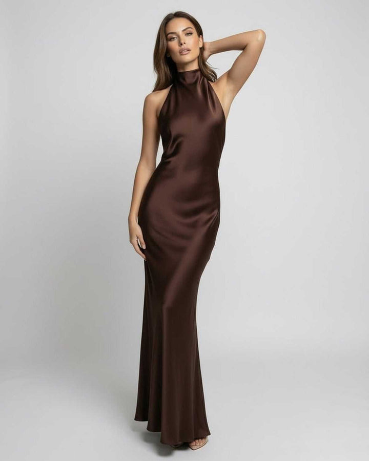 Amelia | Vestido largo de satén para mujer con cintura alta y cuello halter