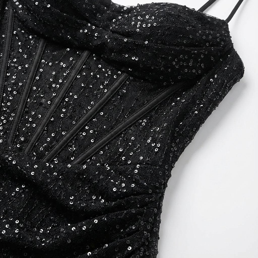 Isla | Abito lungo da donna con scollo a cuore, paillettes e spacco sulla coscia