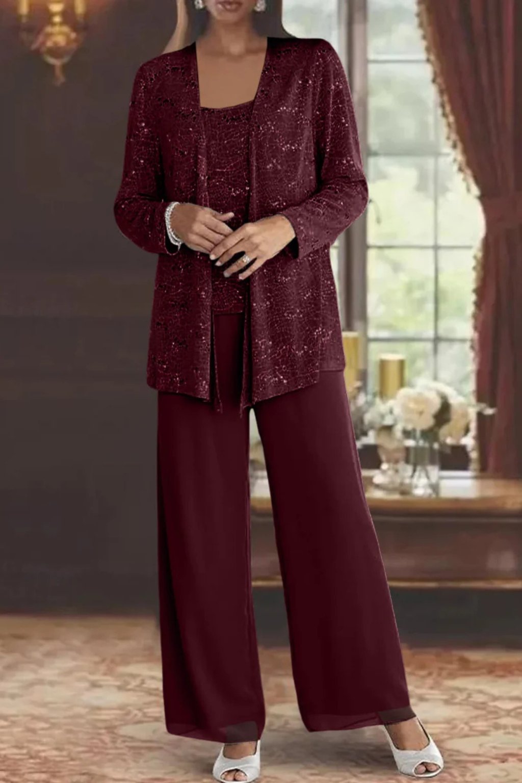 Phoebe | Conjunto de tres piezas con lentejuelas y pantalón de pierna ancha para mujer