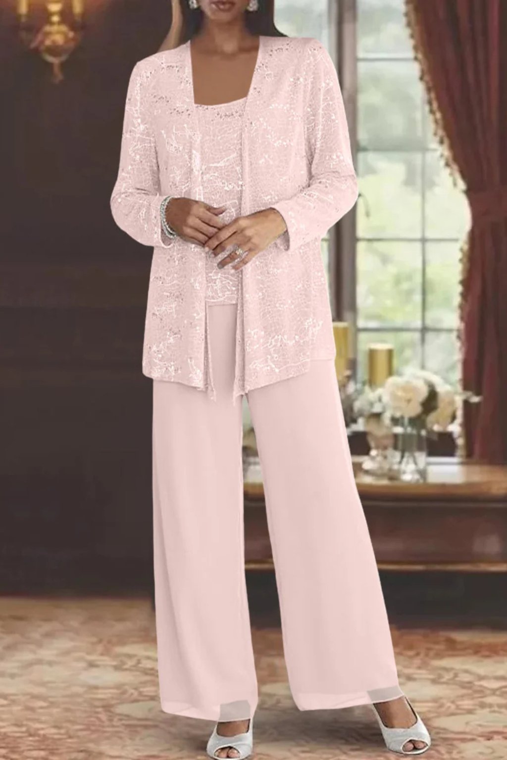Phoebe | Conjunto de tres piezas con lentejuelas y pantalón de pierna ancha para mujer
