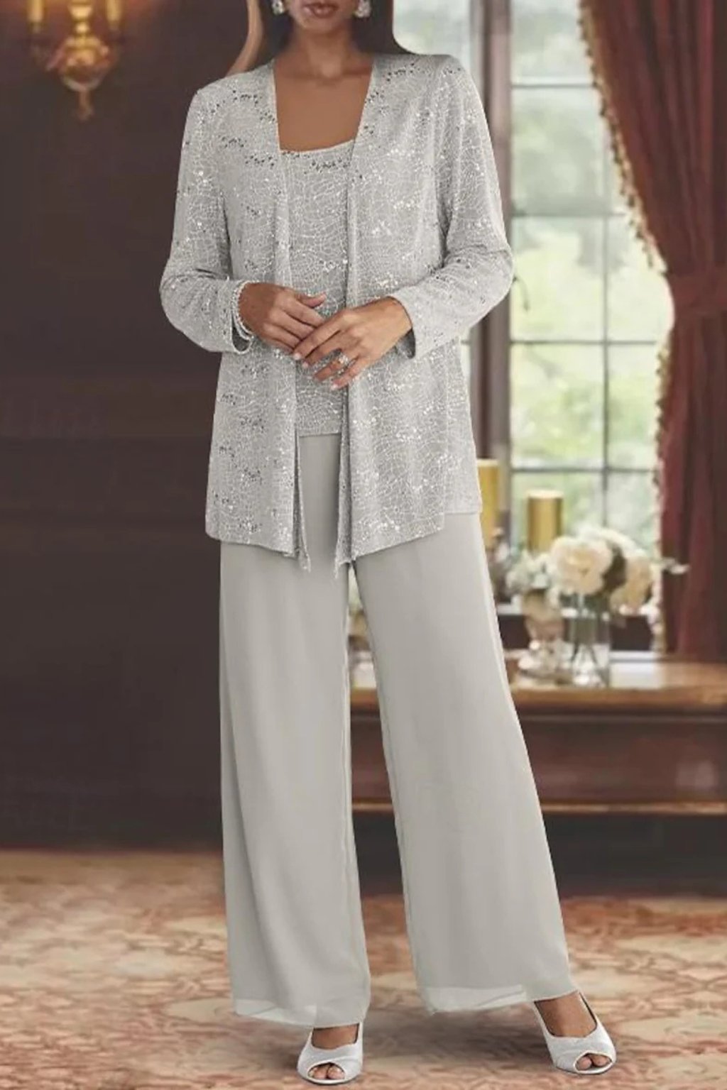 Phoebe | Conjunto de tres piezas con lentejuelas y pantalón de pierna ancha para mujer