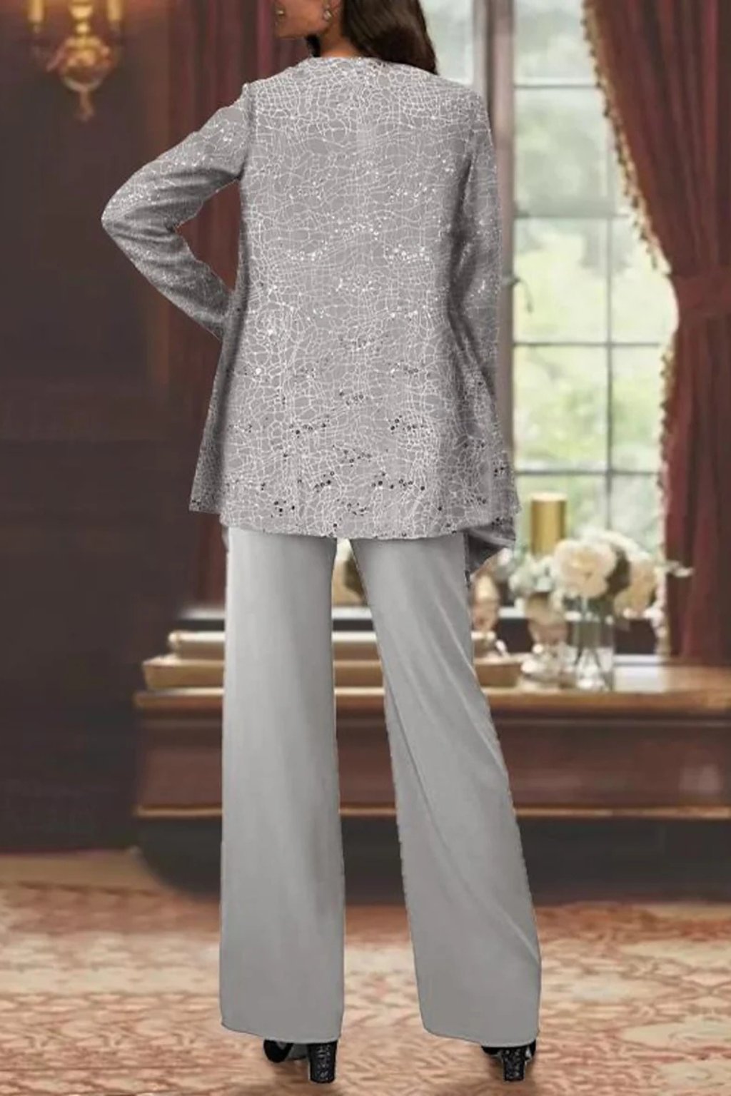 Phoebe | Conjunto de tres piezas con lentejuelas y pantalón de pierna ancha para mujer