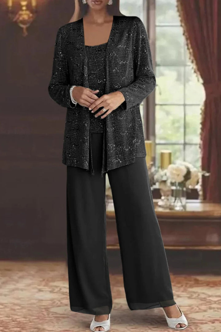 Phoebe | Conjunto de tres piezas con lentejuelas y pantalón de pierna ancha para mujer