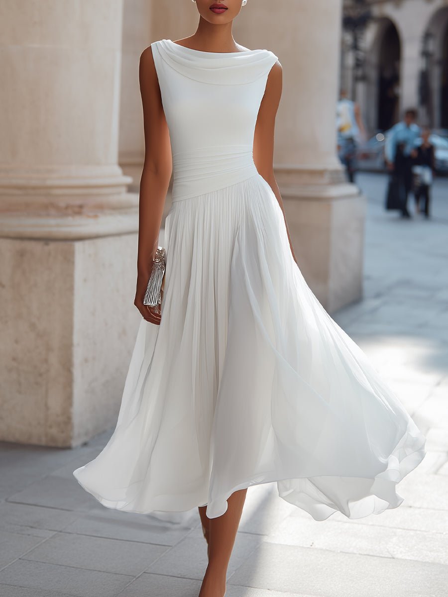 Evelyn | Women's Sleeveless Draped-Neck Pleated Midi Dress