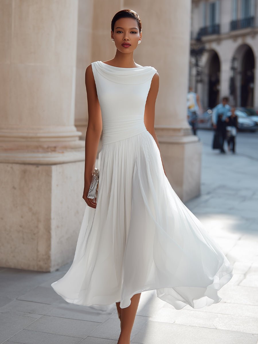 Evelyn | Women's Sleeveless Draped-Neck Pleated Midi Dress
