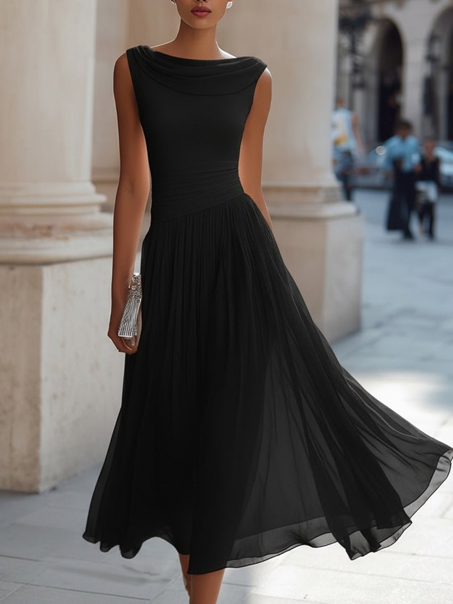Evelyn | Women's Sleeveless Draped-Neck Pleated Midi Dress