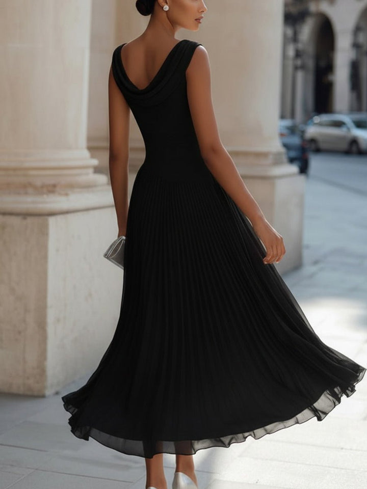 Evelyn | Women's Sleeveless Draped-Neck Pleated Midi Dress