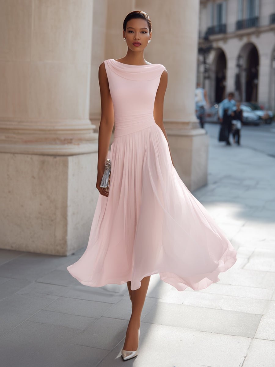 Evelyn | Women's Sleeveless Draped-Neck Pleated Midi Dress