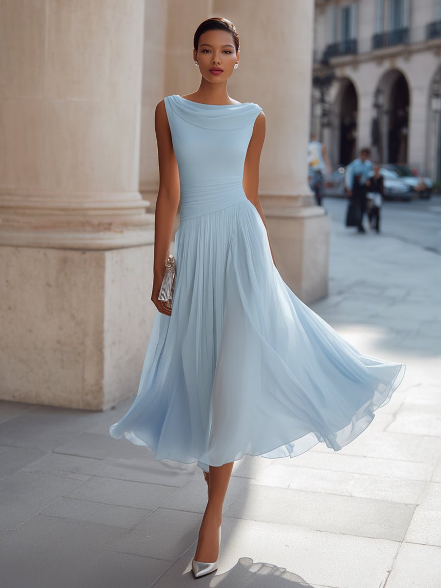 Evelyn | Women's Sleeveless Draped-Neck Pleated Midi Dress