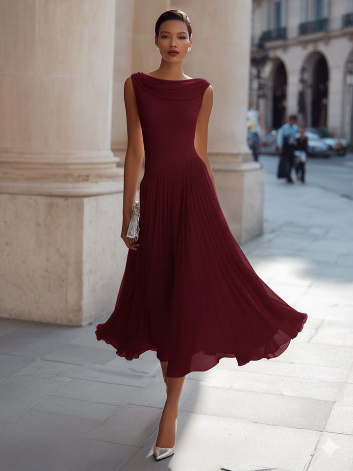 Evelyn | Women's Sleeveless Draped-Neck Pleated Midi Dress