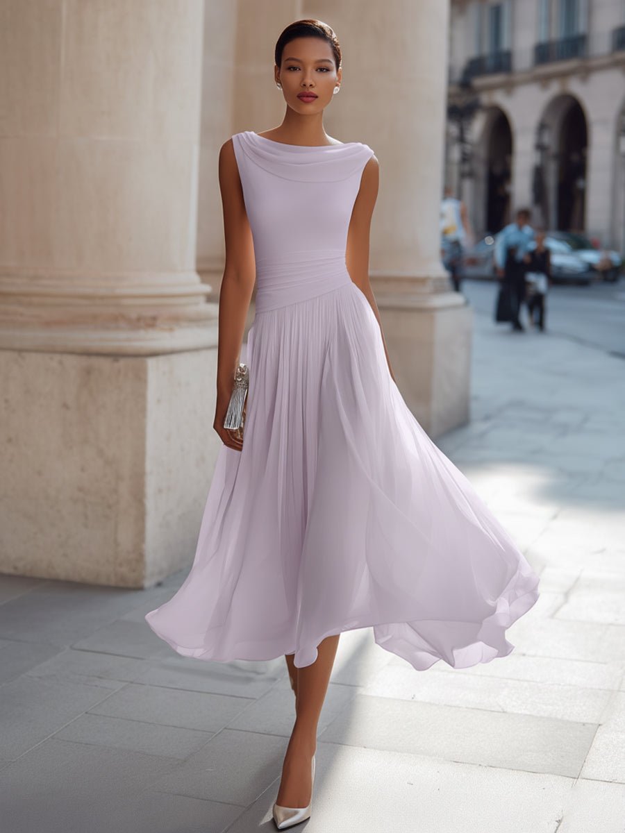 Evelyn | Women's Sleeveless Draped-Neck Pleated Midi Dress