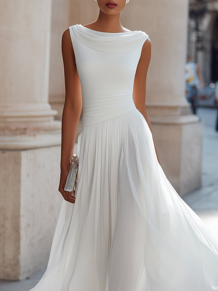 Evelyn | Women's Sleeveless Draped-Neck Pleated Midi Dress