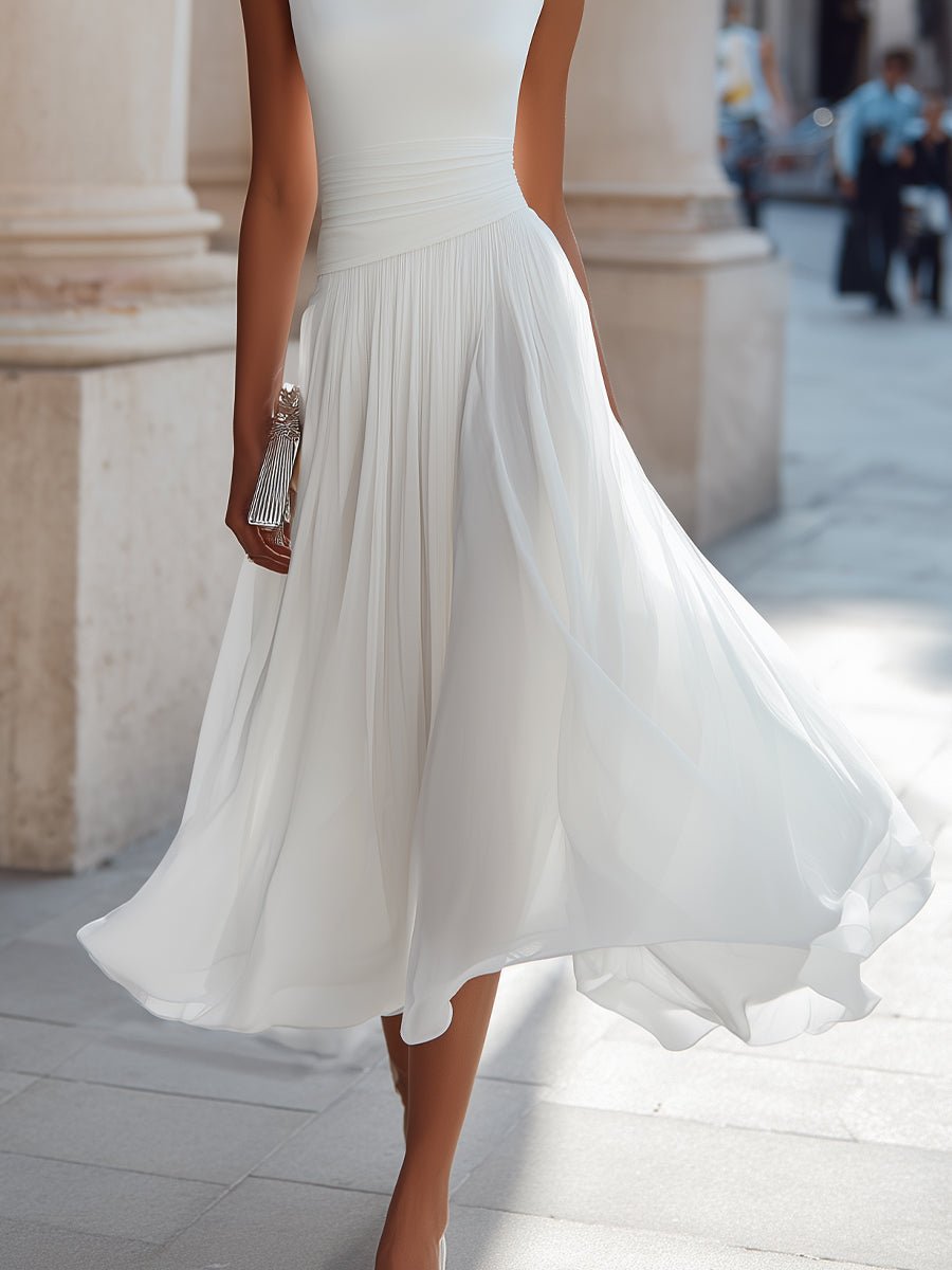 Evelyn | Women's Sleeveless Draped-Neck Pleated Midi Dress