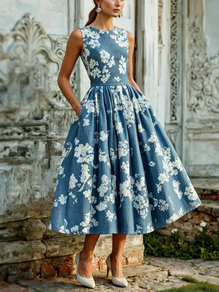 Scarlett | Damen Midikleid im A-Linien-Stil mit floralem Muster und ärmellos