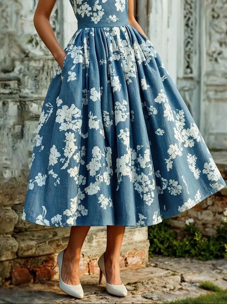 Scarlett | Damen Midikleid im A-Linien-Stil mit floralem Muster und ärmellos