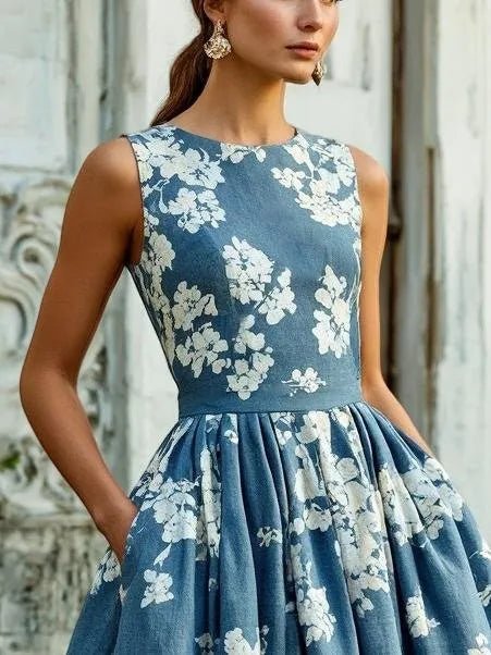 Scarlett | Damen Midikleid im A-Linien-Stil mit floralem Muster und ärmellos