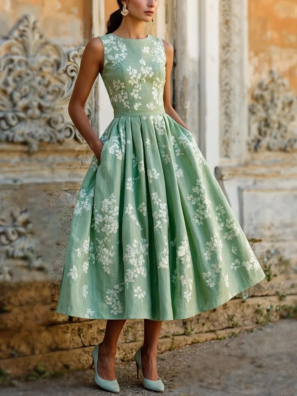 Scarlett | Damen Midikleid im A-Linien-Stil mit floralem Muster und ärmellos