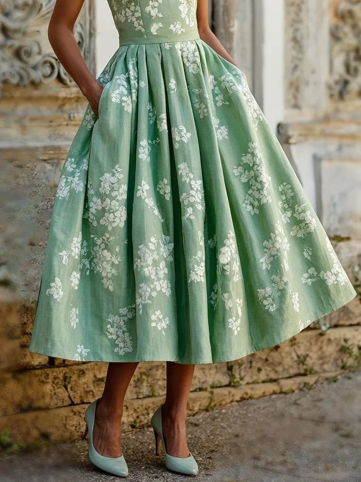 Scarlett | Damen Midikleid im A-Linien-Stil mit floralem Muster und ärmellos