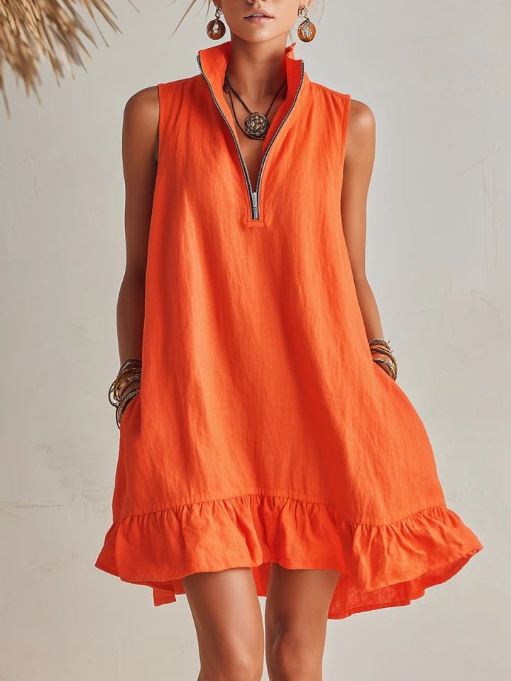 Amelia | Robe mini sans manches pour femme avec demi-fermeture éclair et volants