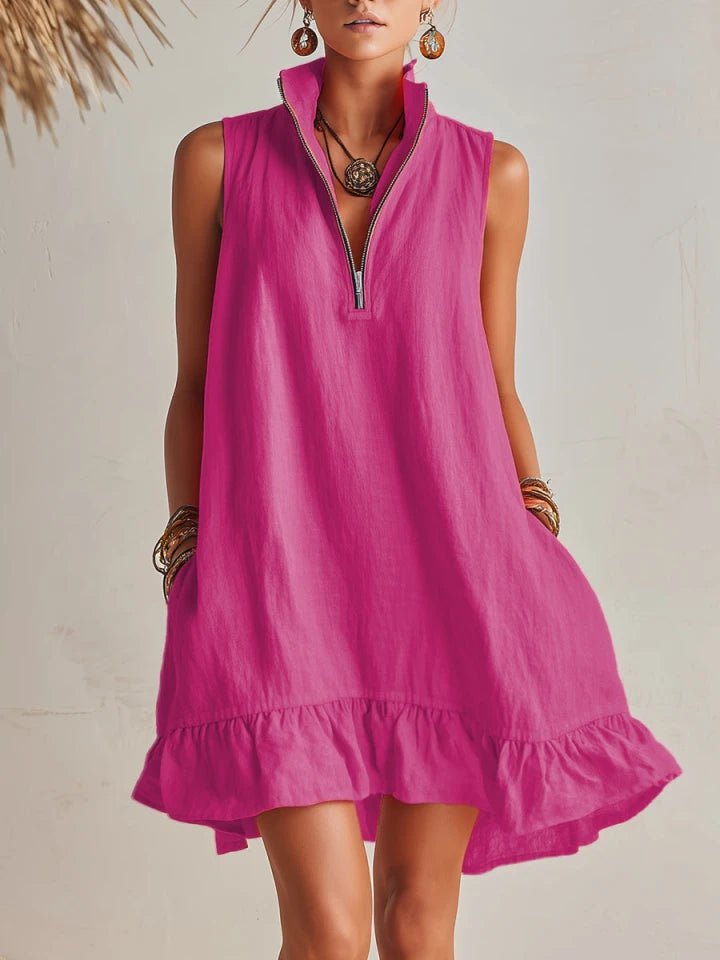 Amelia | Robe mini sans manches pour femme avec demi-fermeture éclair et volants