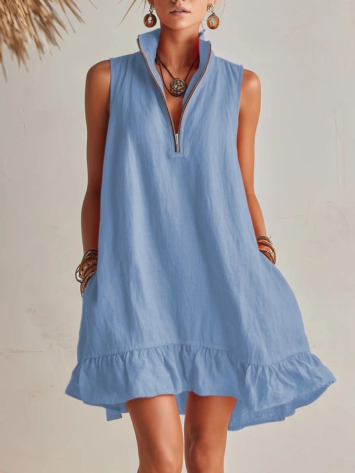 Amelia | Robe mini sans manches pour femme avec demi-fermeture éclair et volants