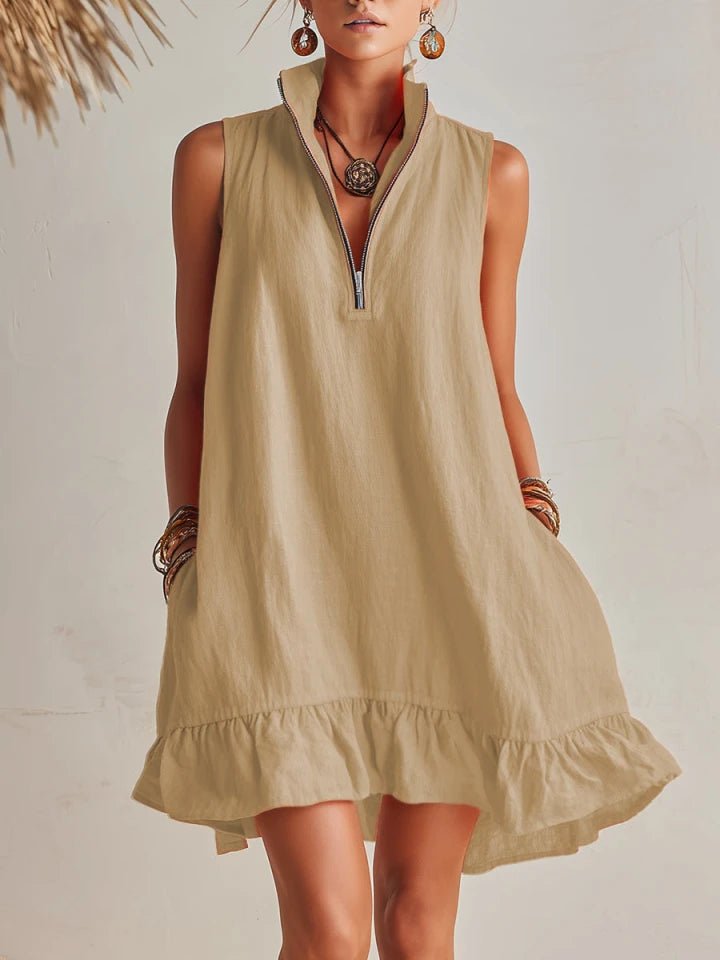 Amelia | Robe mini sans manches pour femme avec demi-fermeture éclair et volants