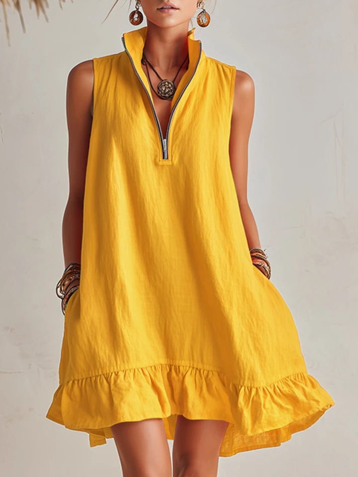 Amelia | Robe mini sans manches pour femme avec demi-fermeture éclair et volants