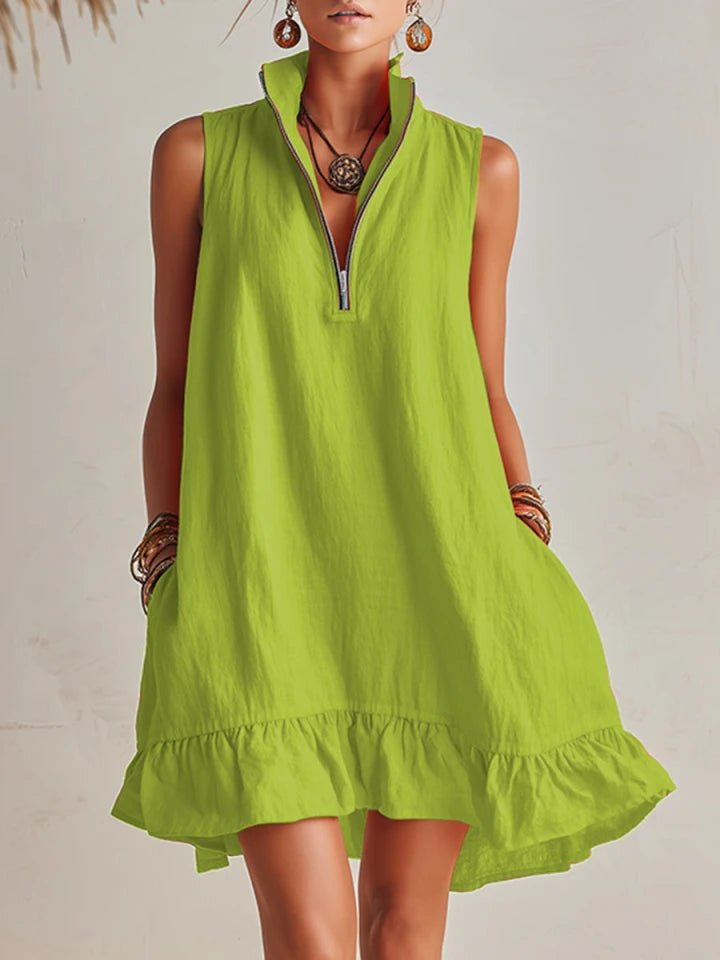 Amelia | Robe mini sans manches pour femme avec demi-fermeture éclair et volants