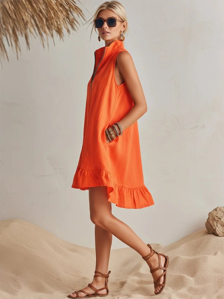 Amelia | Robe mini sans manches pour femme avec demi-fermeture éclair et volants