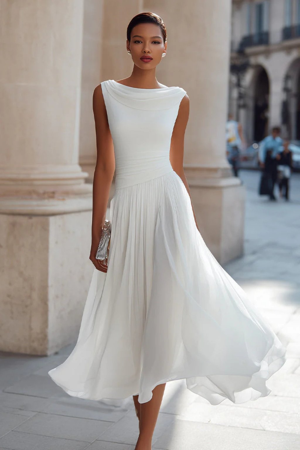 Isla | Ärmelloses, plissiertes Midikleid für Damen zu Hochzeiten