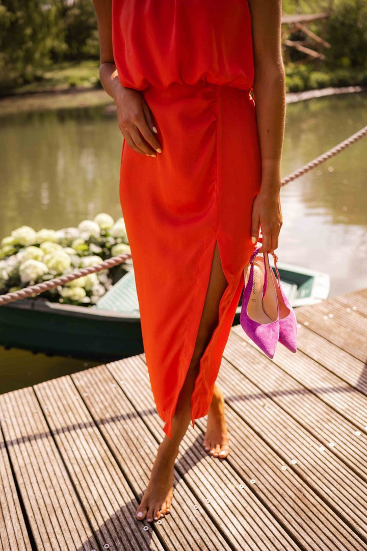 Emily | Robe midi sans manches pour femme à col rond avec fente latérale