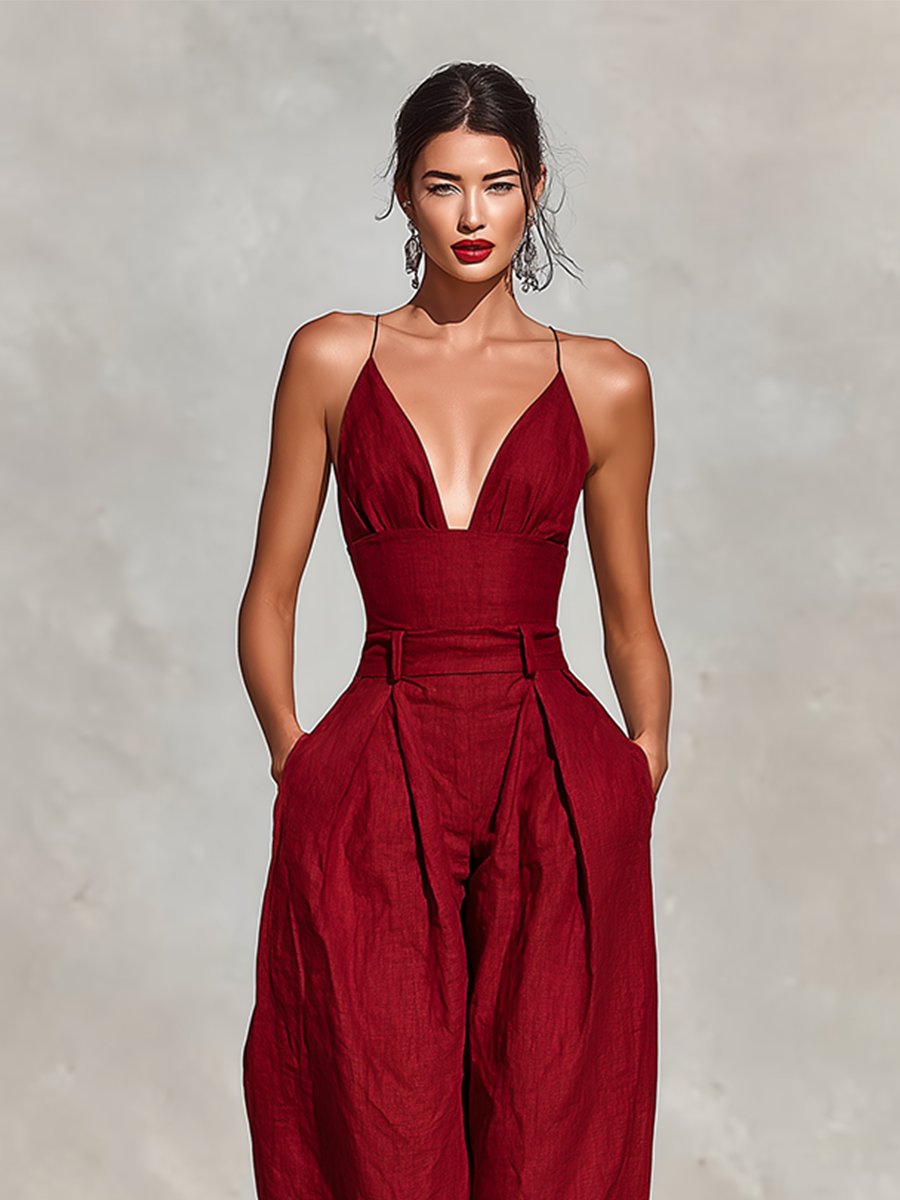 Ella | Combinaison en lin pour femme à bretelles spaghetti et taille haute