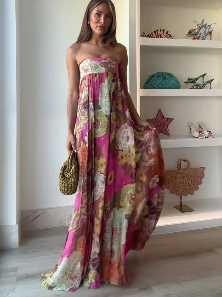 Lily | Vestido largo sin tirantes con estampado floral para invitadas de boda