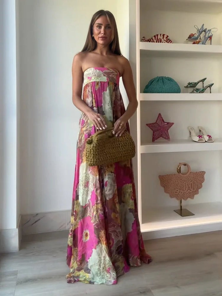 Lily | Vestido largo sin tirantes con estampado floral para invitadas de boda