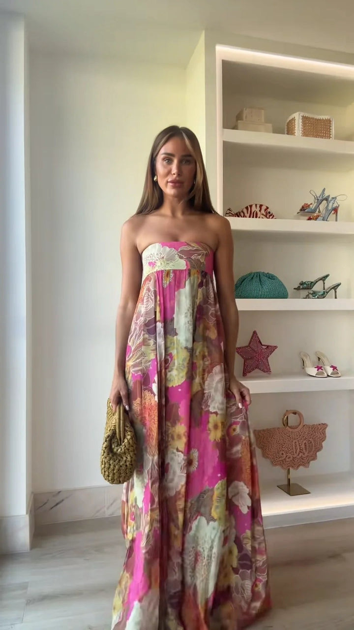 Lily | Vestido largo sin tirantes con estampado floral para invitadas de boda