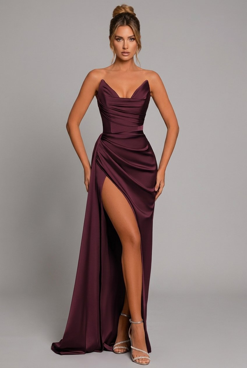 Phoebe | Kvinders Sweetheart Rynket Satin Bodycon Maxi Kjole