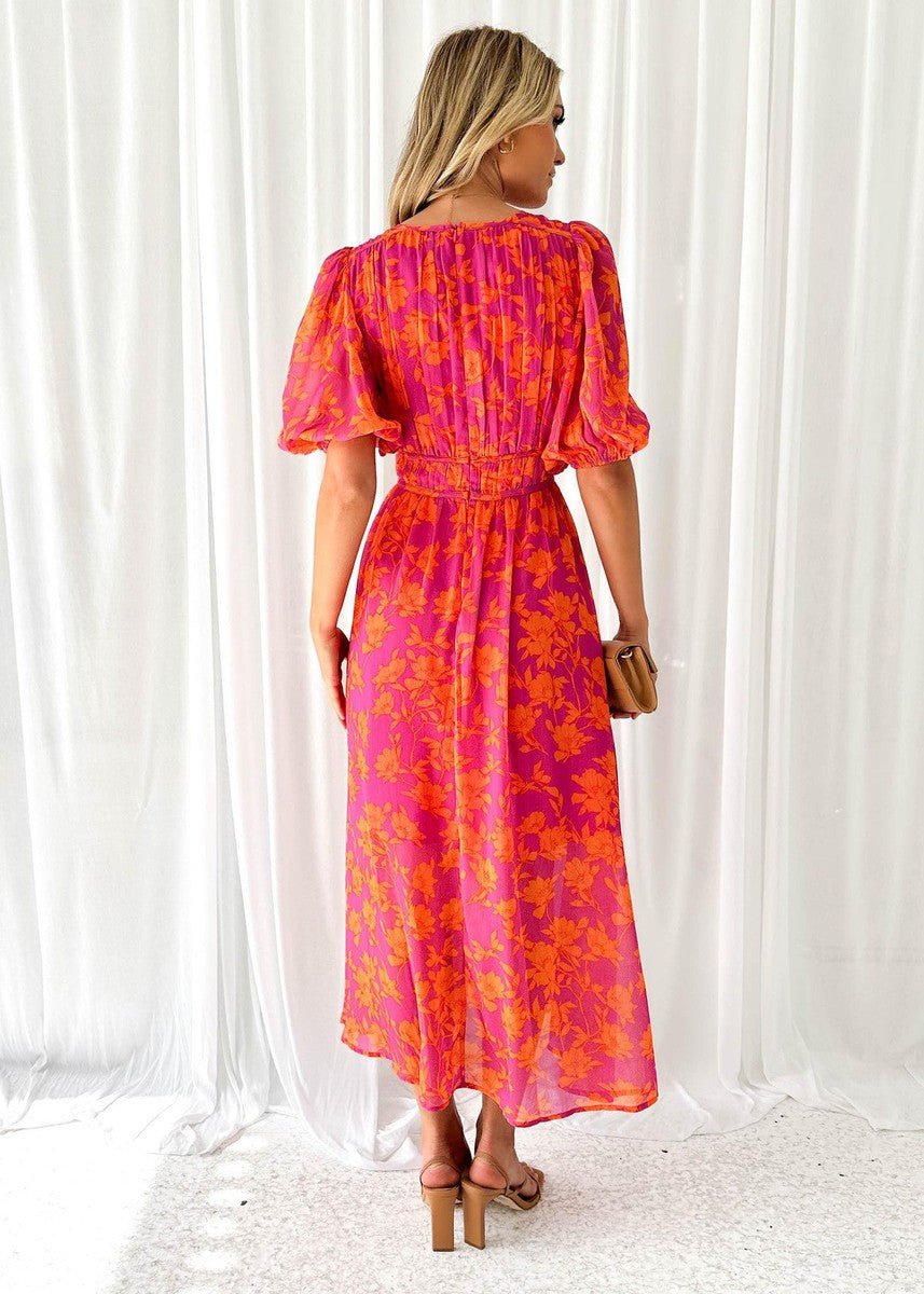 Amelia | Women's Floral V-Neck Midi Dress with Puff Sleeves