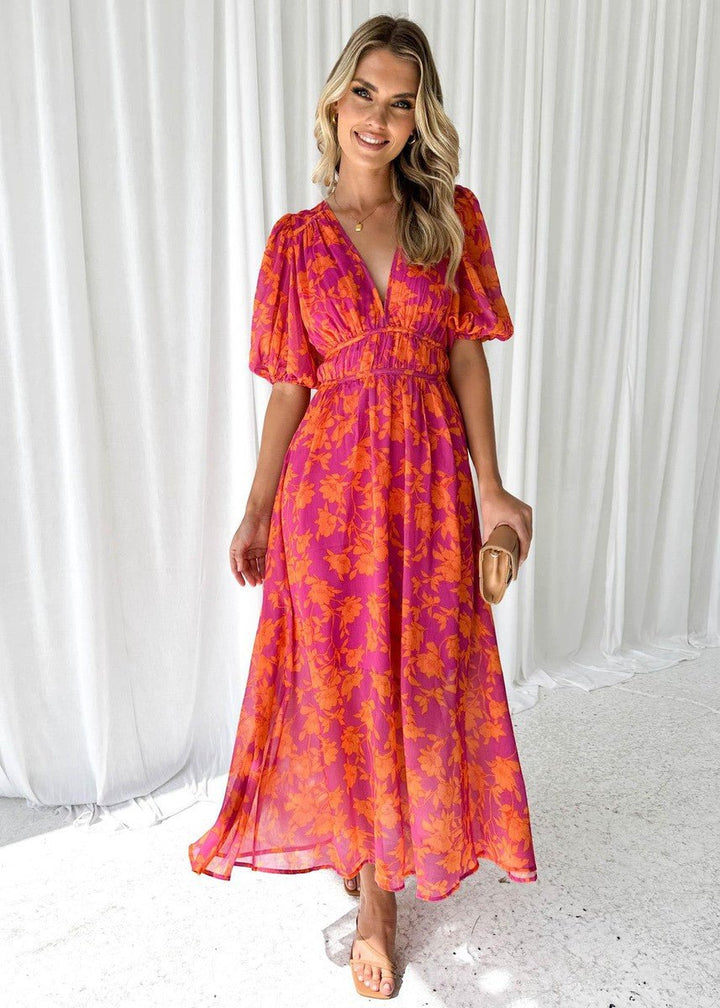 Amelia | Women's Floral V-Neck Midi Dress with Puff Sleeves