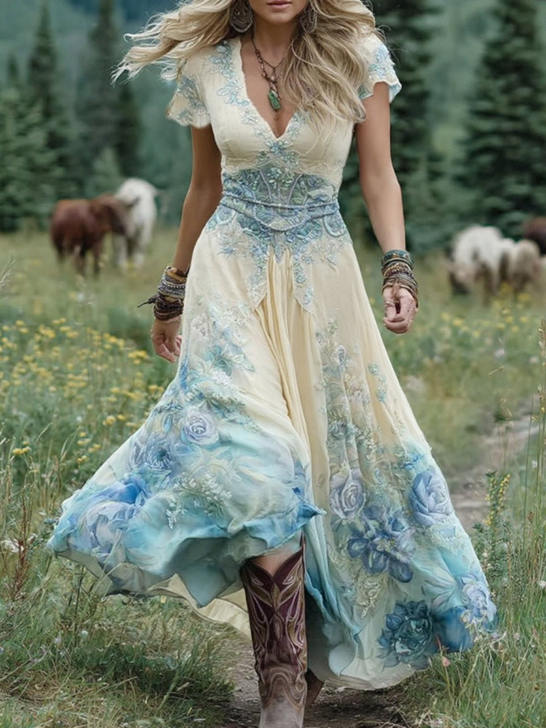Amelia | Vestido Maxi Floral de Manga Curta com Decote em V para Mulher