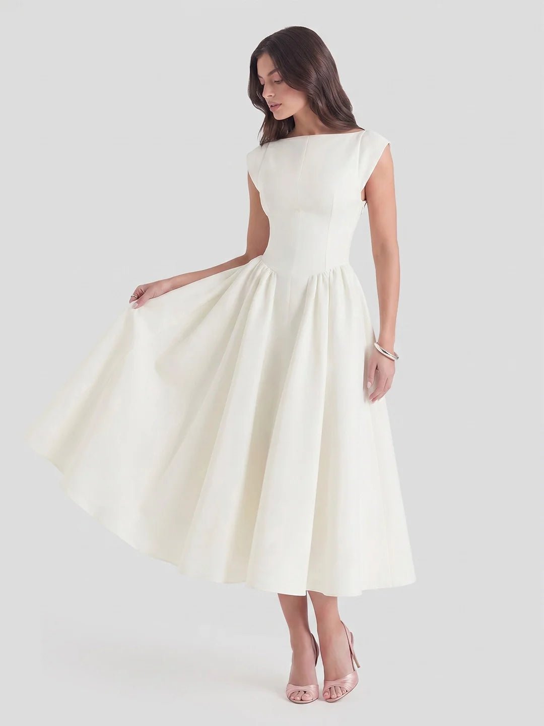 Grace | Damen Vintage Midi-Kleid mit Bateau-Ausschnitt und weitem Rock