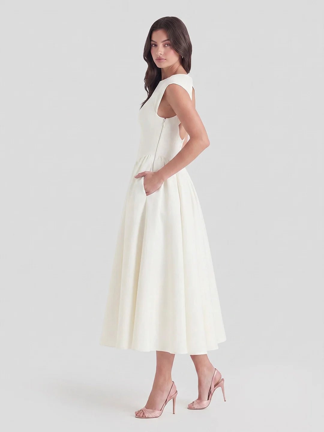 Grace | Damen Vintage Midi-Kleid mit Bateau-Ausschnitt und weitem Rock