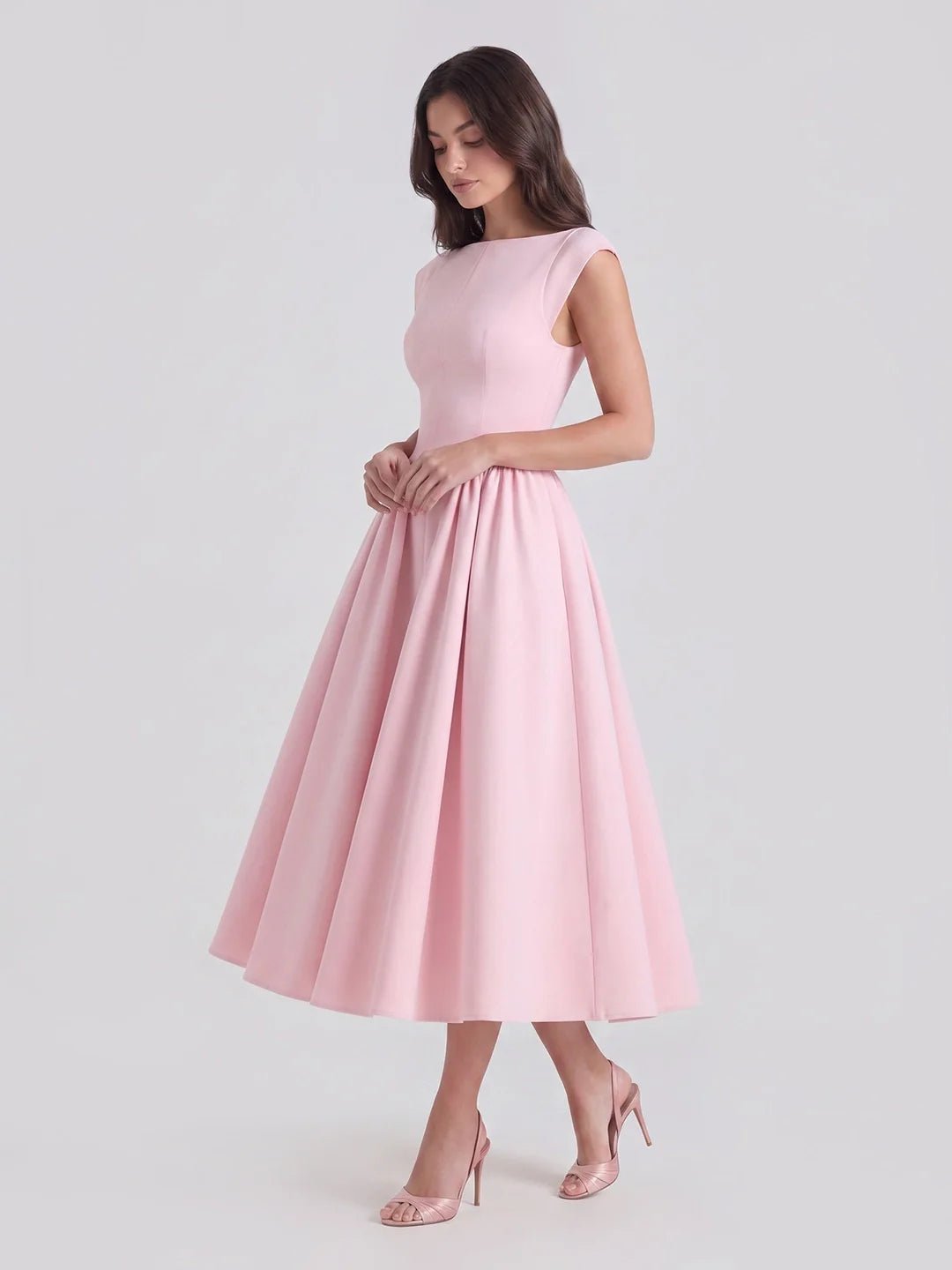 Grace | Damen Vintage Midi-Kleid mit Bateau-Ausschnitt und weitem Rock