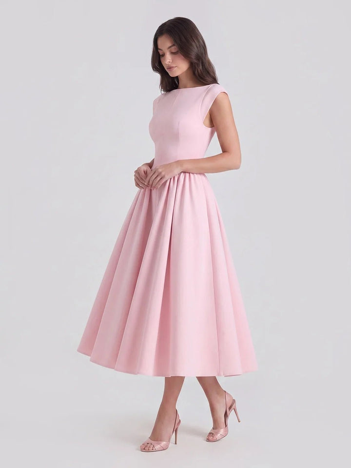 Grace | Damen Vintage Midi-Kleid mit Bateau-Ausschnitt und weitem Rock