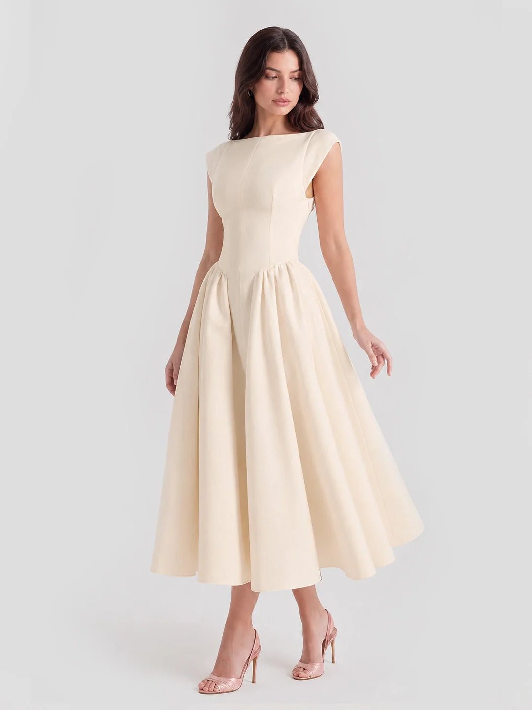 Grace | Damen Vintage Midi-Kleid mit Bateau-Ausschnitt und weitem Rock