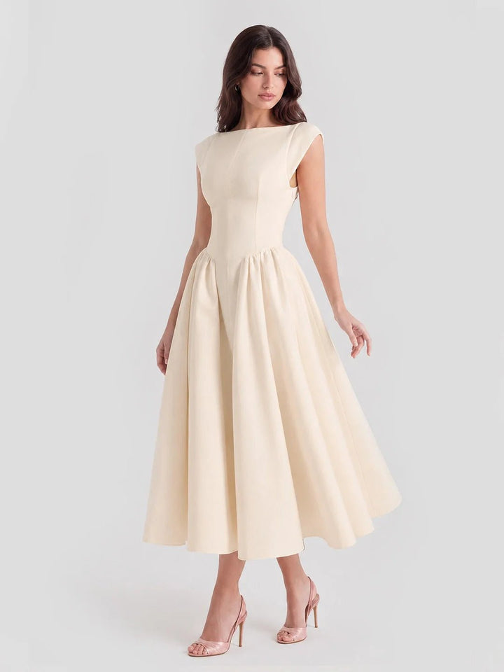 Grace | Damen Vintage Midi-Kleid mit Bateau-Ausschnitt und weitem Rock