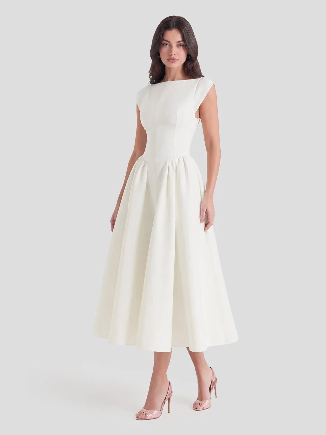 Grace | Damen Vintage Midi-Kleid mit Bateau-Ausschnitt und weitem Rock