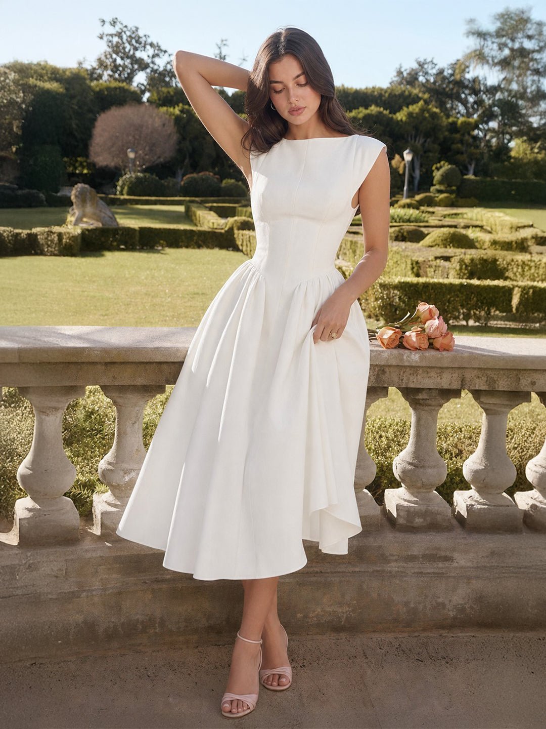 Grace | Damen Vintage Midi-Kleid mit Bateau-Ausschnitt und weitem Rock