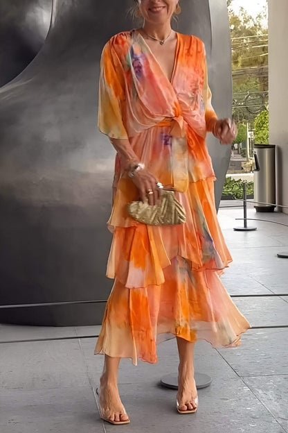 Grace | Vestido maxi de gasa con volantes y estampado floral para mujer