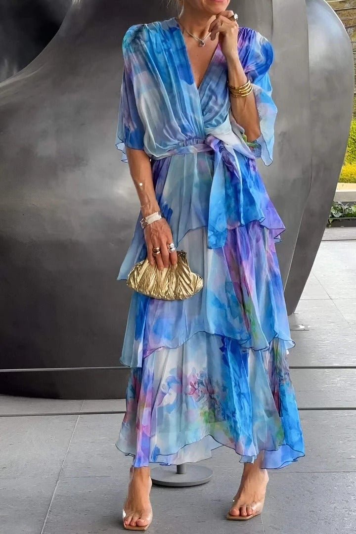 Grace | Vestido maxi de gasa con volantes y estampado floral para mujer