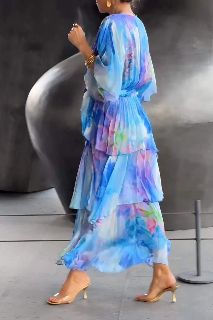 Grace | Vestido maxi de gasa con volantes y estampado floral para mujer